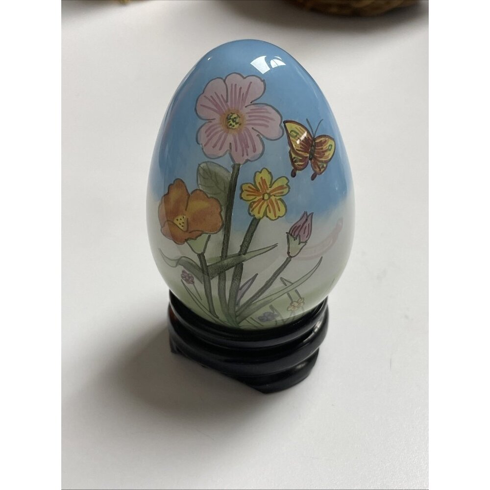 Vintage Reverse Painted Glass Springtime Egg Easter Egg Table Decor With Stand